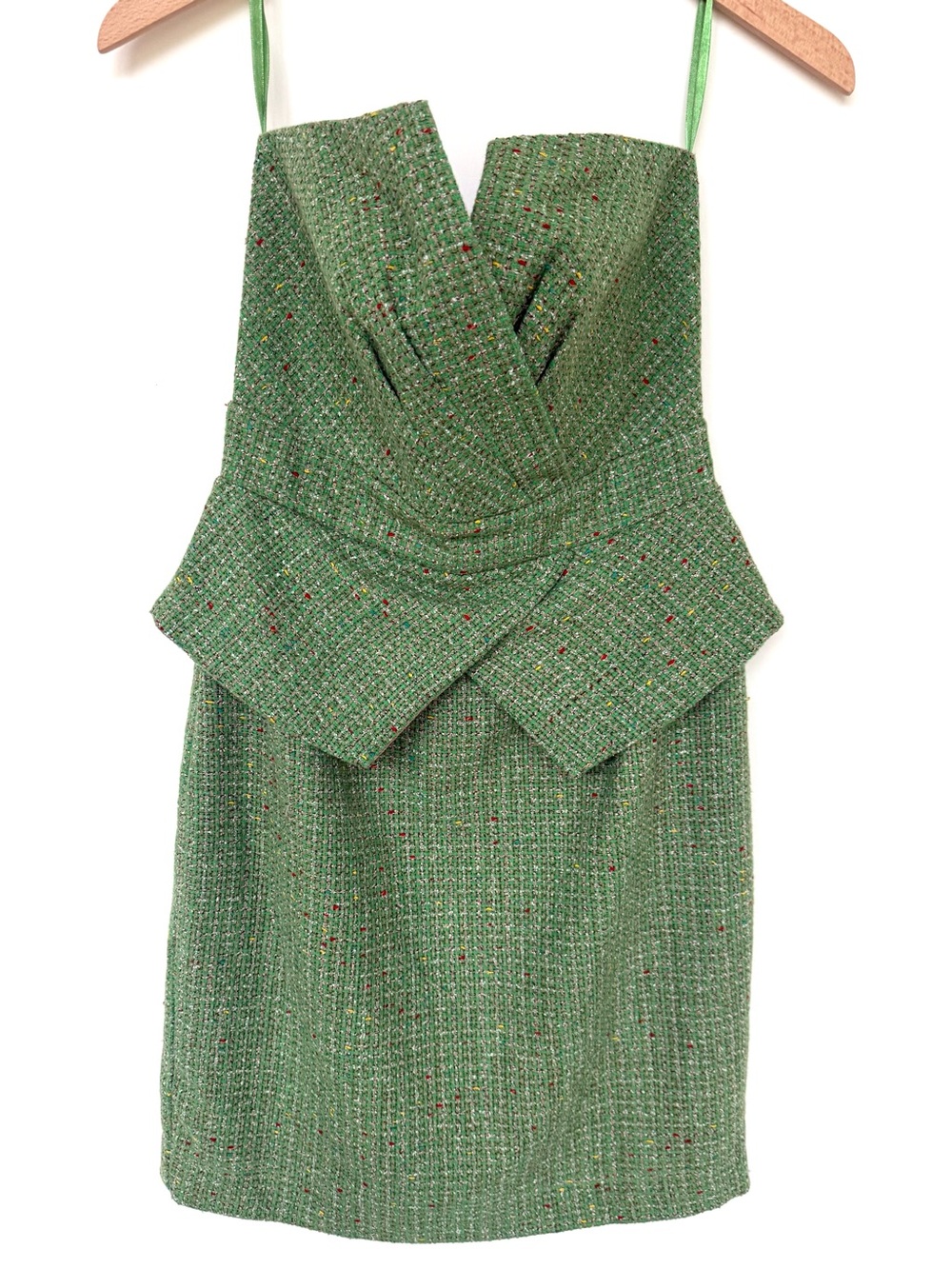 Aryn K Green Tweed Strapless Peplum Dress with Multicolor Flecks